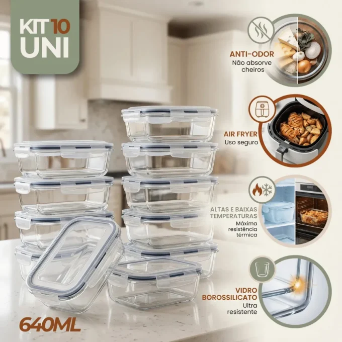 Kit 10 Potes de Vidro Rishon 640ml: vale a pena para marmitas? 2 Kit 10 Potes Rishon 640ml de vidro hermetico
