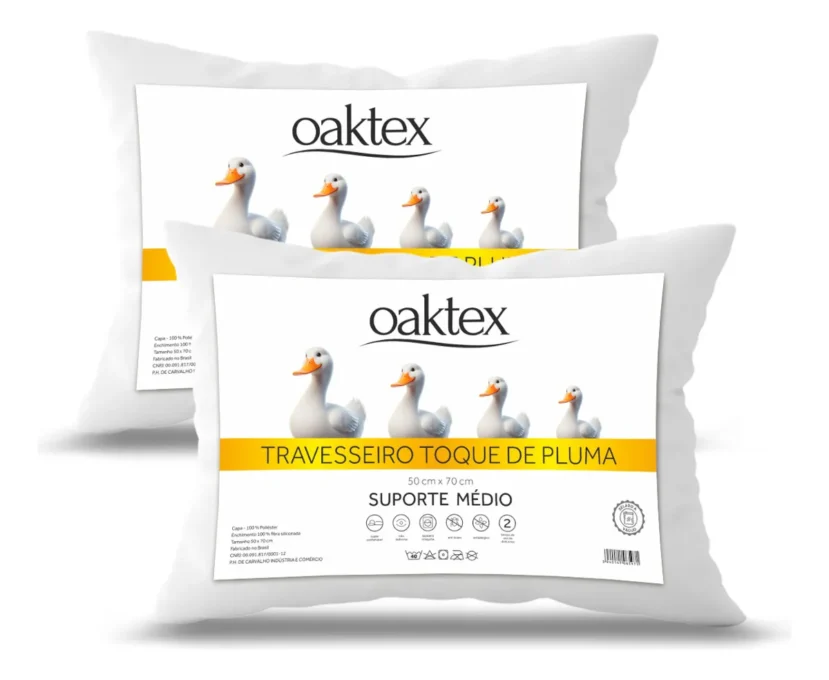Kit 2 Travesseiros Oaktex 70x50: maciez e preço baixo compensam? 2 Kit 2 Travesseiros Oaktex brancos 70x50 com fibra siliconada