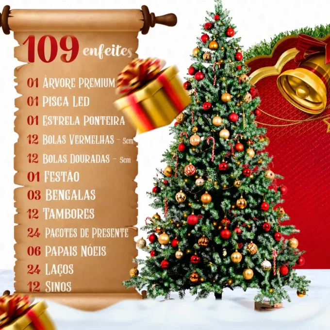 Árvore de Natal Decorada 1,80m: o kit completo com 109 itens compensa? 2 arvore natal decorada 180cm acessorios