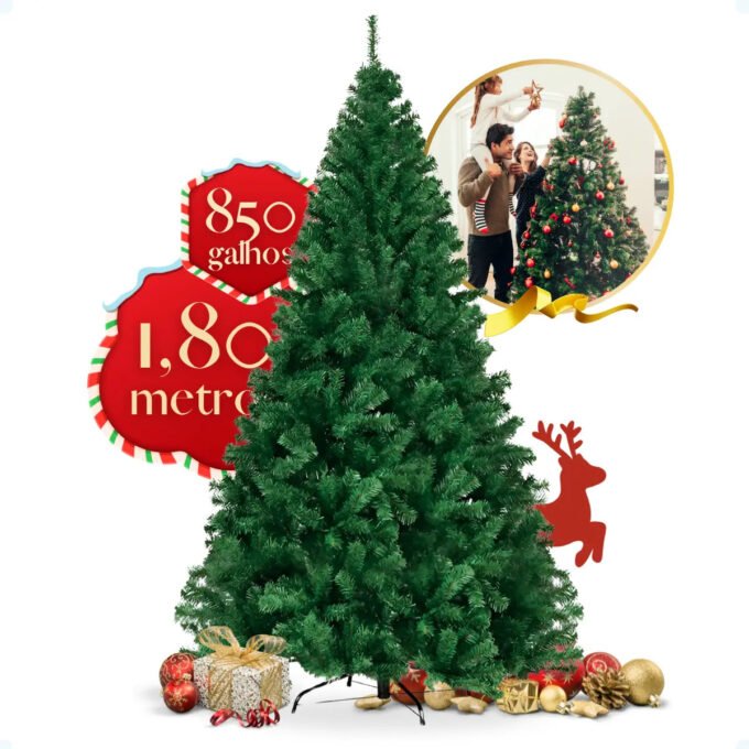 Árvore de Natal Enfance 1,80m: 850 galhos deixam o pinheiro realmente cheio? 2 Detalhes da Árvore de Natal Enfance com Pé de Ferro