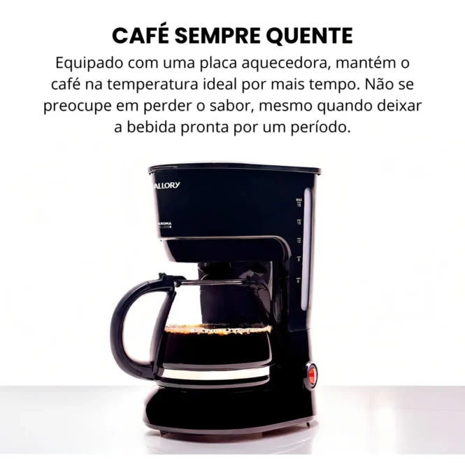 Cafeteira Mallory Aroma Plus 18 Xícaras: capacidade, funções e análise completa 2 Detalhes do filtro permanente e da jarra de vidro da Cafeteira Mallory Aroma Plus.