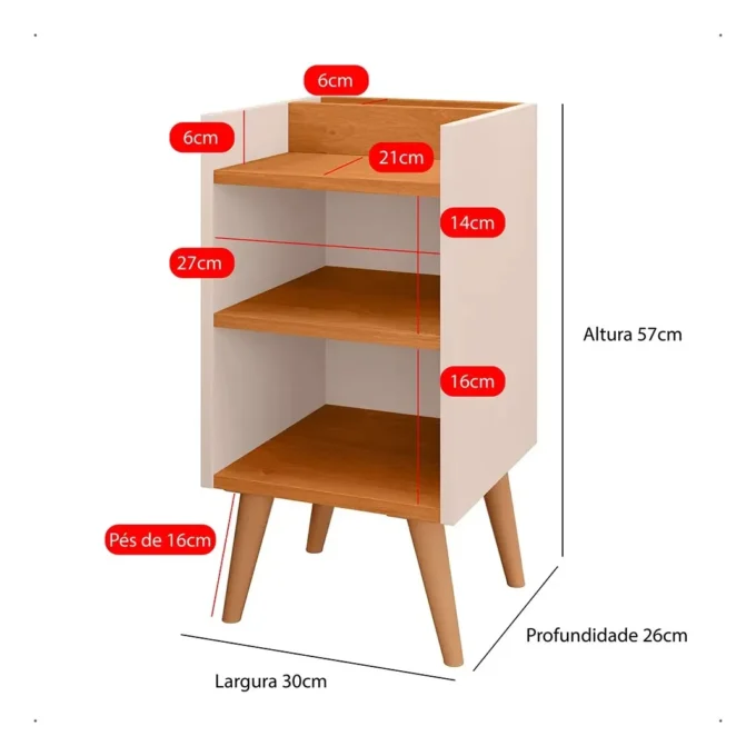 Criado-Mudo Compacto Max Off-White/Cinamomo: organização e praticidade para quartos pequenos 2 Criado-mudo compacto Max com prateleira e acabamento Off-White/Cinamomo para quarto.