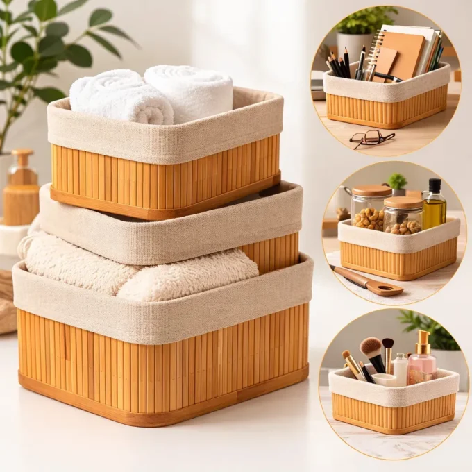Kit 3 Cestos Organizadores de Bambu Nany Pink: organização e decoração para toda a casa 2 Kit Nany Pink com três cestos organizadores retangulares de bambu e forros laváveis.
