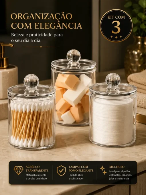 Kit 3 Porta Algodão e Cotonete: organização prática para banheiro e penteadeira 2 Kit com três organizadores porta-algodão e cotonete para banheiro e penteadeira.