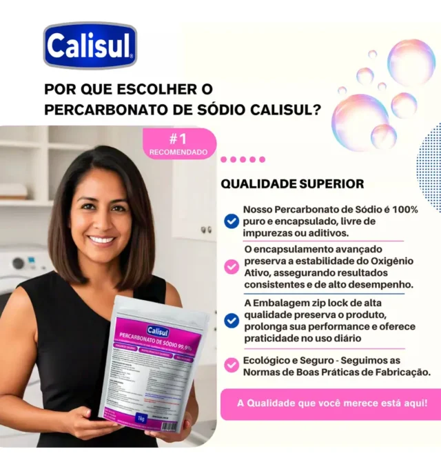 Percarbonato de Sódio Calisul 2kg: como usar, vantagens e rendimento 2 Embalagem de Percarbonato de Sódio Calisul de 2 kg para lavagem de roupas.