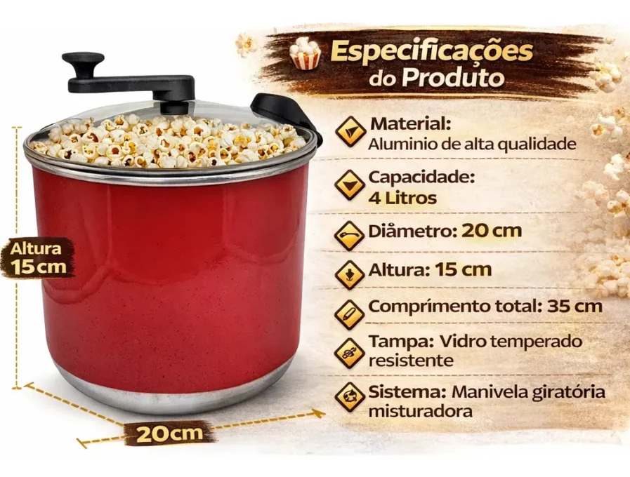 Panela Pipoqueira Nº 20 com Tampa de Vidro: conheça as vantagens da manivela 2 pipoqueira manivela tampa vidro detalhes