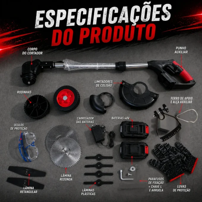 Cortador de Grama 48V aparando jardim residencial com rodas