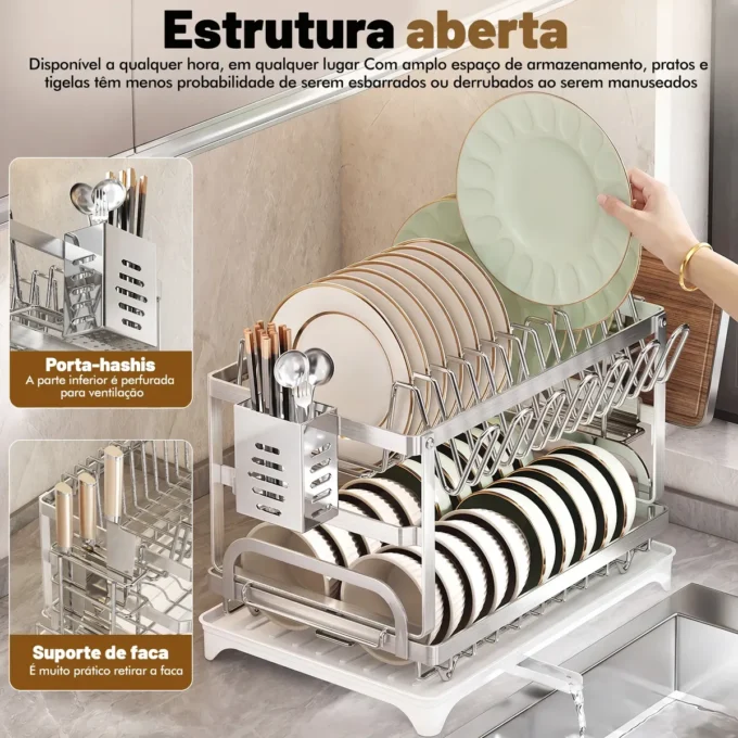 Escorredor de Louca Inox organizando pratos ao lado da pia