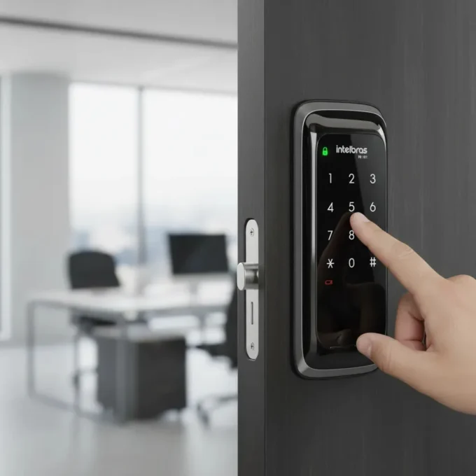 Fechadura Intelbras FR 101 instalada em porta residencial
