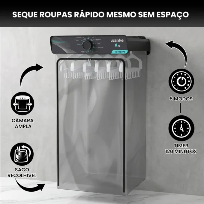 Secadora Wanke Comfort 8kg secando roupas em cabides internos