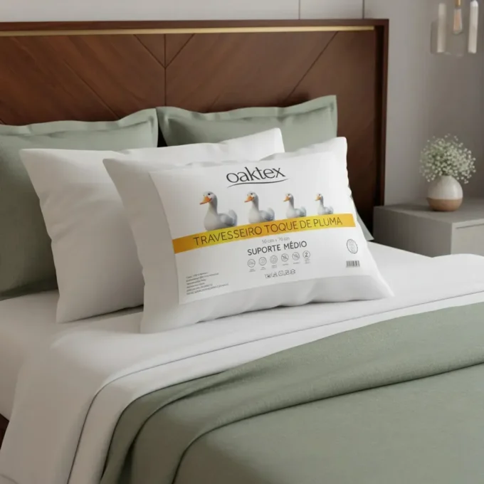 Travesseiros Oaktex arrumados sobre cama de casal