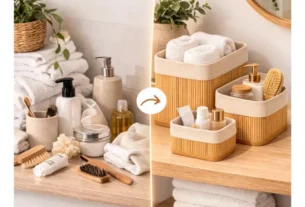 Detalhes da estrutura de bambu e do forro dos cestos organizadores Nany Pink.