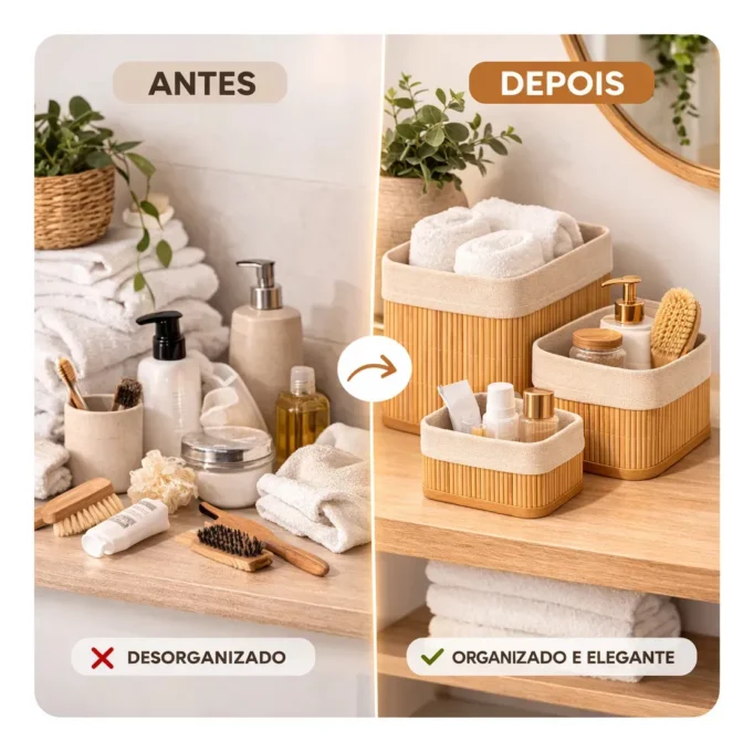 Detalhes da estrutura de bambu e do forro dos cestos organizadores Nany Pink.