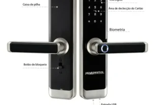 Fechadura eletrônica Novadigital SL-06 com teclado touch, leitor biométrico na maçaneta e módulo interno com caixa de pilhas