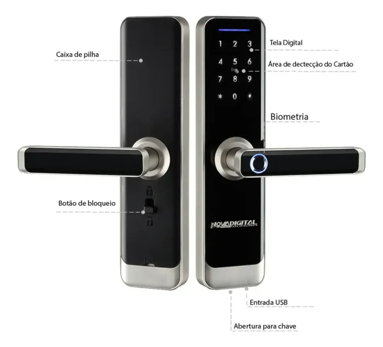 Fechadura eletrônica Novadigital SL-06 com teclado touch, leitor biométrico na maçaneta e módulo interno com caixa de pilhas