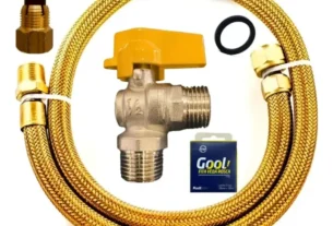 Detalhes do componente flexível e das conexões do kit de gás encanado de 1,20 metro.