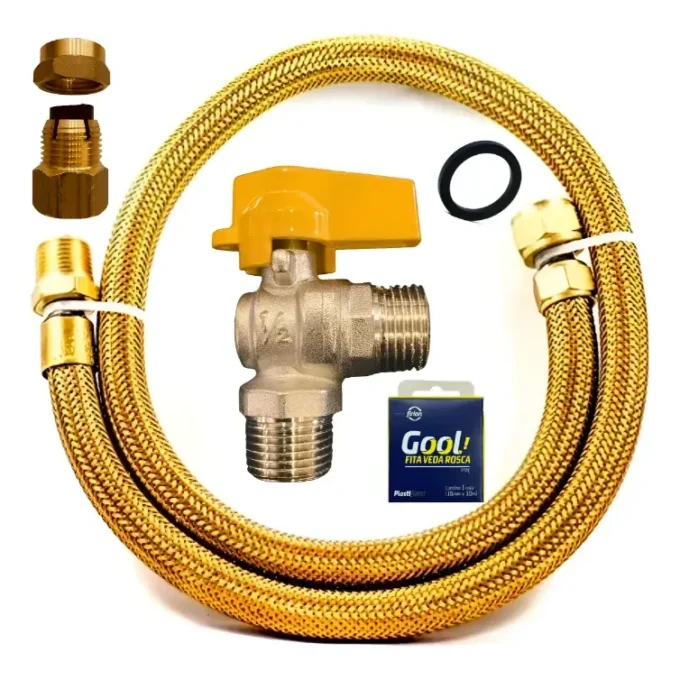 Detalhes do componente flexível e das conexões do kit de gás encanado de 1,20 metro.