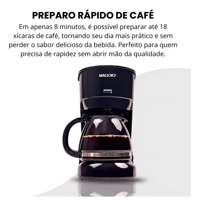 Cafeteira elétrica Mallory Aroma Plus com jarra de vidro e capacidade de 750 ml.