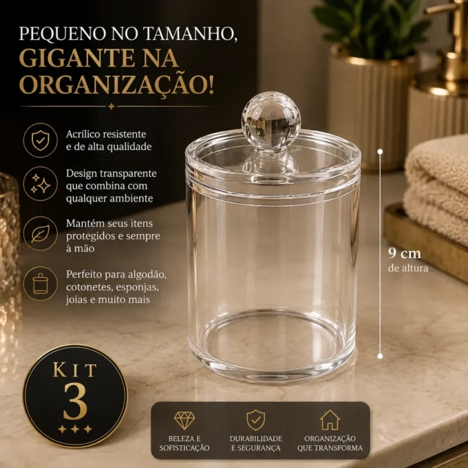 Detalhes dos recipientes e das tampas do kit com três organizadores de algodão e cotonete.
