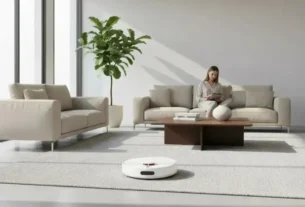 Robô aspirador Xiaomi S40C branco limpando o tapete de uma sala de estar moderna