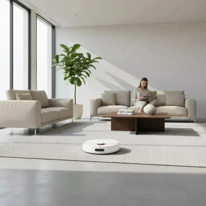 Robô aspirador Xiaomi S40C branco limpando o tapete de uma sala de estar moderna